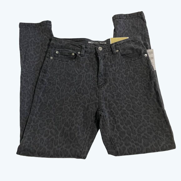 Michael Kors High-Rise Jeans Leopard Print Skinny Black Denim Selma Size 6 - Picture 2 of 15